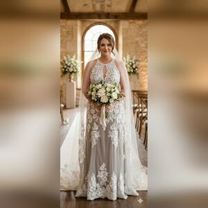 NWT Size 18W Galina Signature Illusion Sequin Floral Bridal Gown Ivory & Cocoa